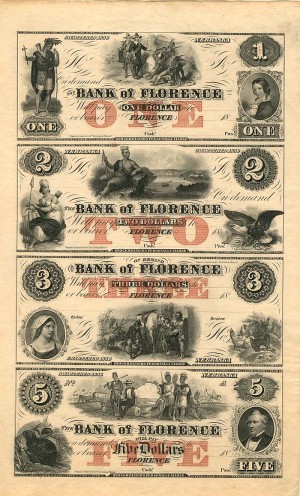 Bank of Florence - Florence, Nebraska Uncut Obsolete Sheet - Broken Bank Notes - SOLD